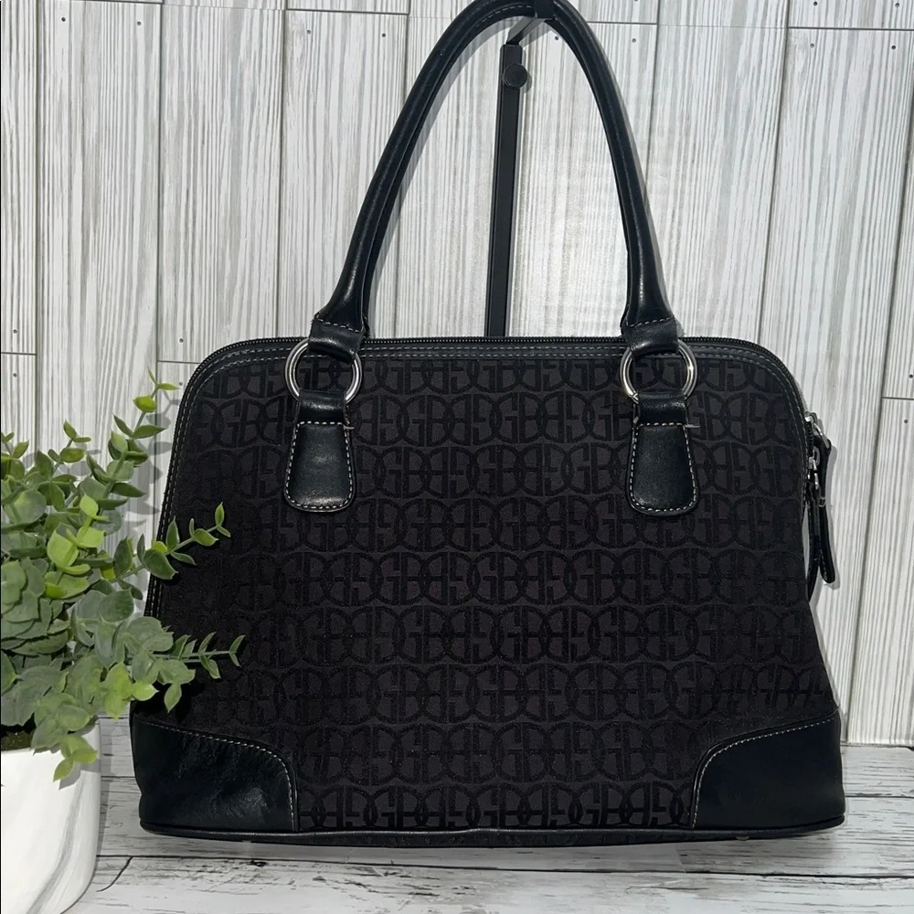 Gianni Bini Black Jacquard Logo Satchel Tote Handbag Leather Trim Structured Bag